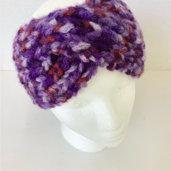 Hat Headband Earwarmer Handmade Purple Red Lavender Knit Ponytail Hat - Picture 4 of 14